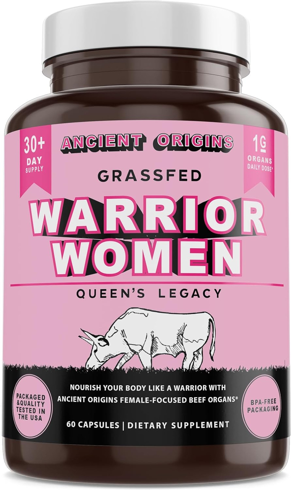Warrior Women'S Beef Organ Superfood Supplement (Beef Heart, Liver, Colostrom & 4 More) - 100% Grass Fed & Grass Finished - Balance Hormones, Energy, & More For Women (60 Capsules, 500 Mg Each)
