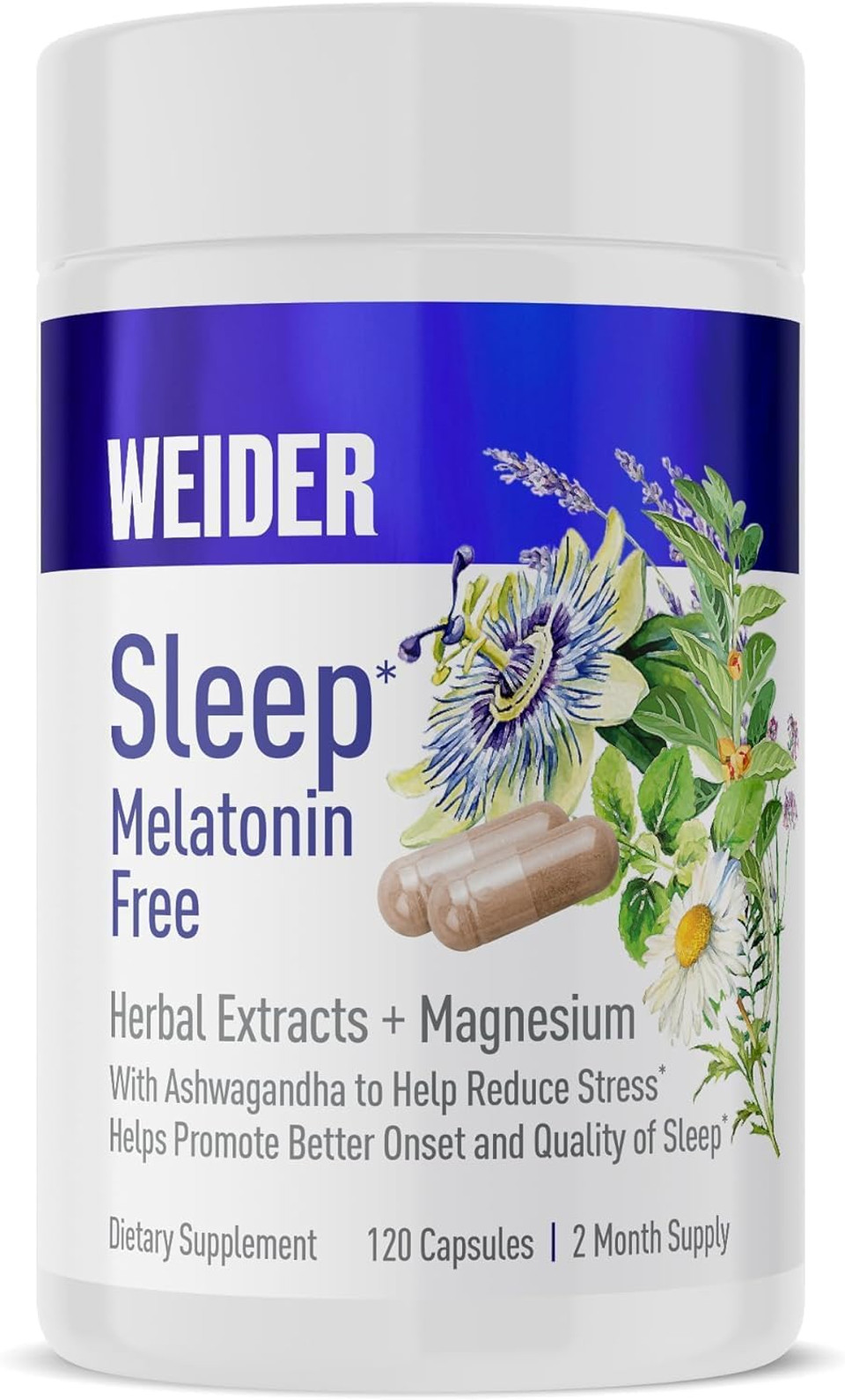 Weider Melatonin Free Sleep Aid Supplement With Ksm-66 Ashwagandha, Magnesium, Lavender, Lemon Balm, Chamomile, Valerian And Passionflower Extracts, Hormone & Drug- Free, Non-Habit Forming, 120Ct