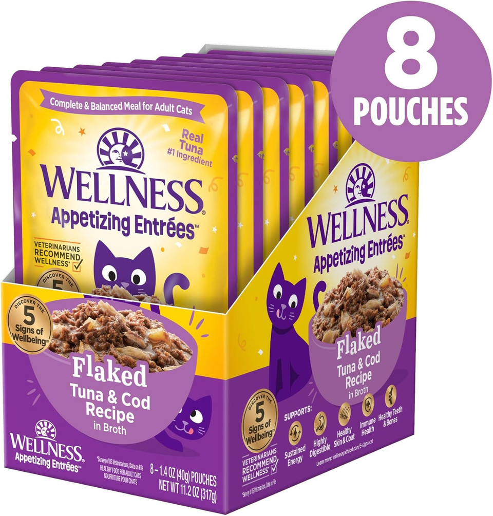 Wellness Appetizing Entrées Flaked Adult Wet Cat Food, Natural, Protein-Rich, Grain Free, 1.4 Ounce Pouch, 8 Pack (Tuna & Cod Recipe)