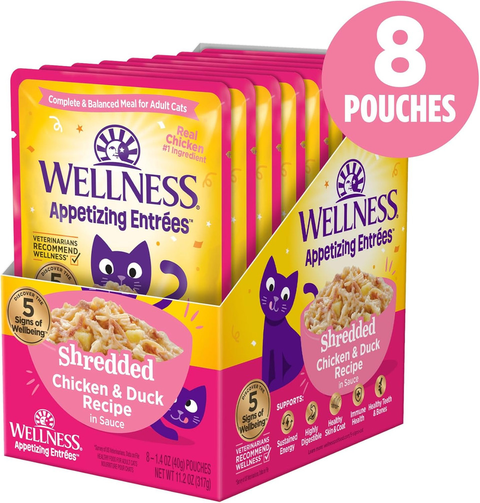Wellness Appetizing Entrées Mousse Adult Wet Cat Food, Natural, Protein-Rich, Grain Free, 1.4 Ounce Pouch, 8 Pack (Chicken & Turkey Recipe)