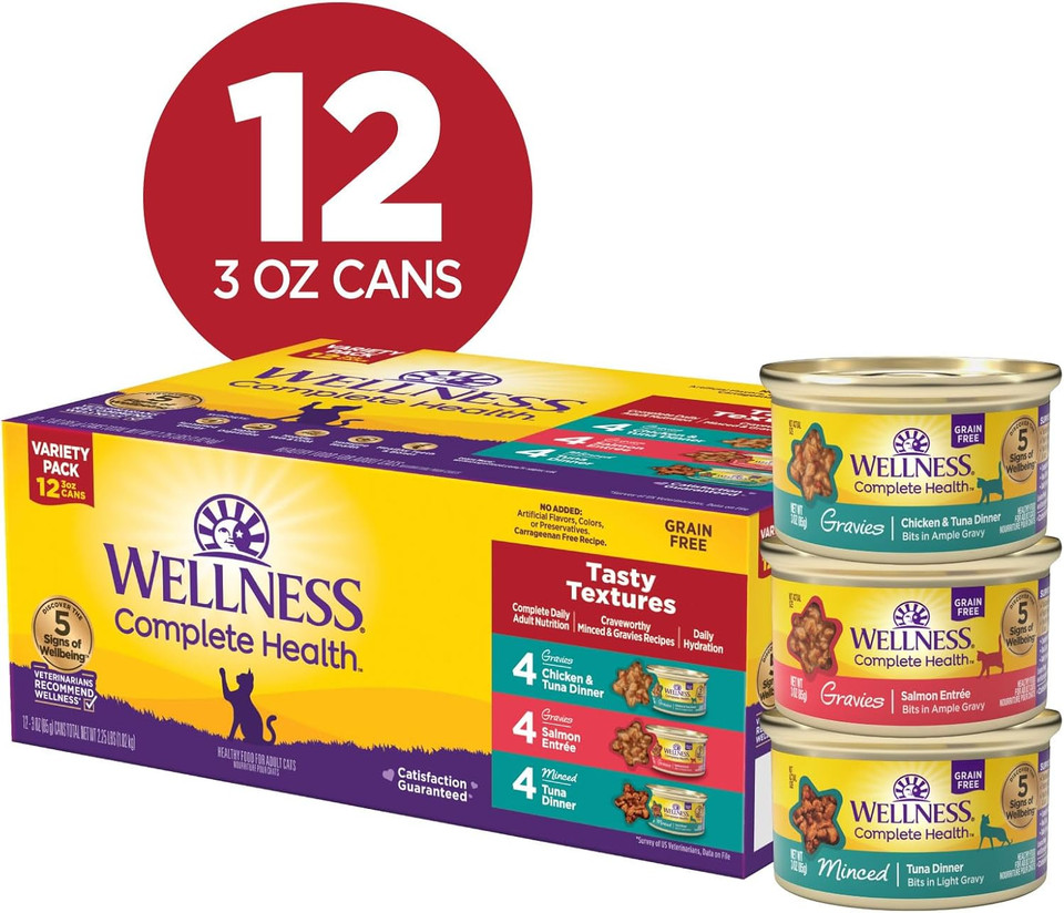 Wellness Complete Health Gravy & Minced Adult Wet Cat Food, Natural, Protein-Rich, Grain Free, 3 Ounce, 12 Pack, (Salmon, Tuna, And Chicken Variety Pack)