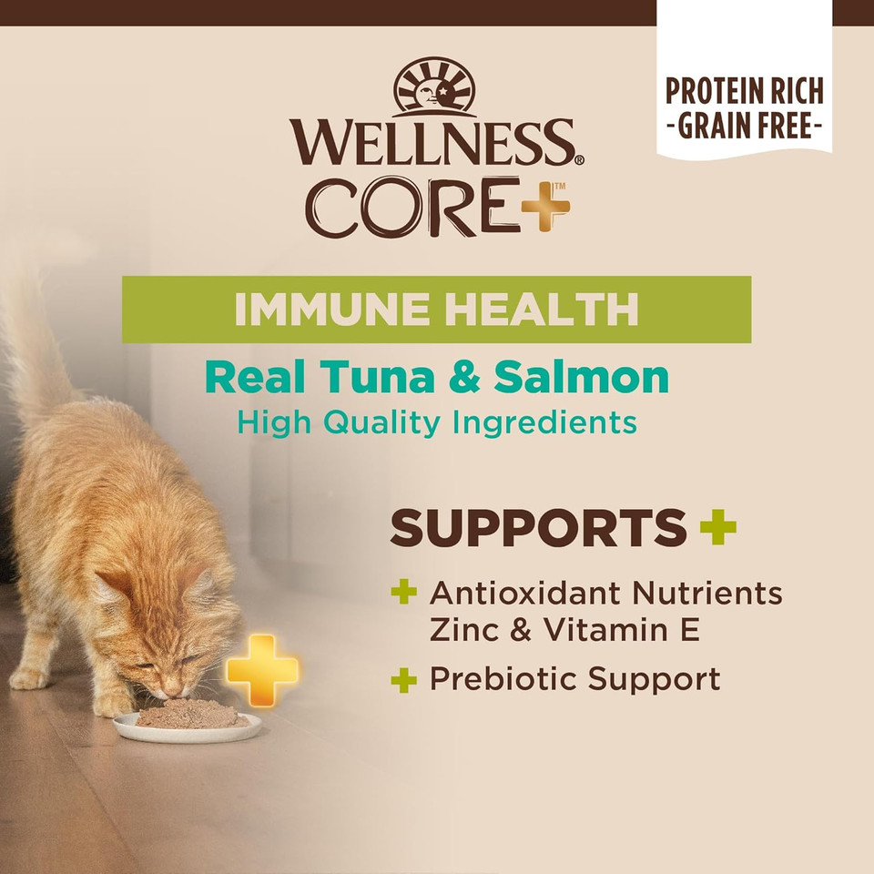 Wellness Core+ Immune Health Pate Adult Wet Cat Food, Natural, Protein-Rich, Grain Free, 2.8 Ounce, 12 Pack (Tuna & Salmon)