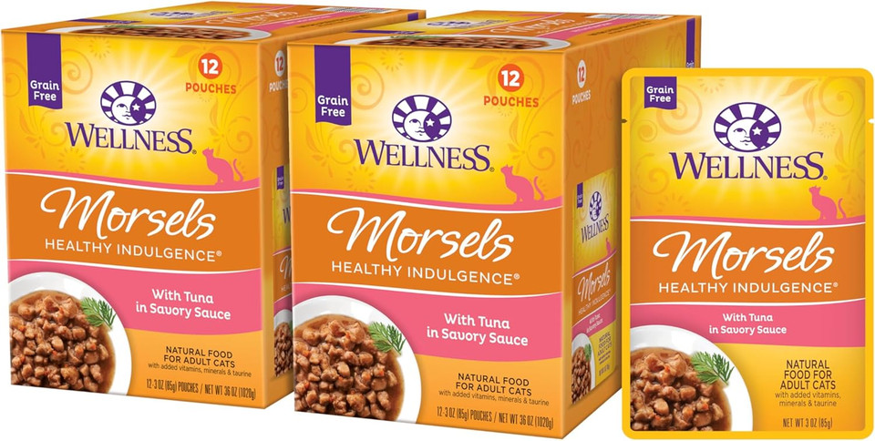 Wellness Healthly Indulgence Morsels Adult Wet Cat Food, Natural, Protein-Rich, Grain Free, 3 Ounce Pouch, 24 Pack, (Chicken & Salmon)