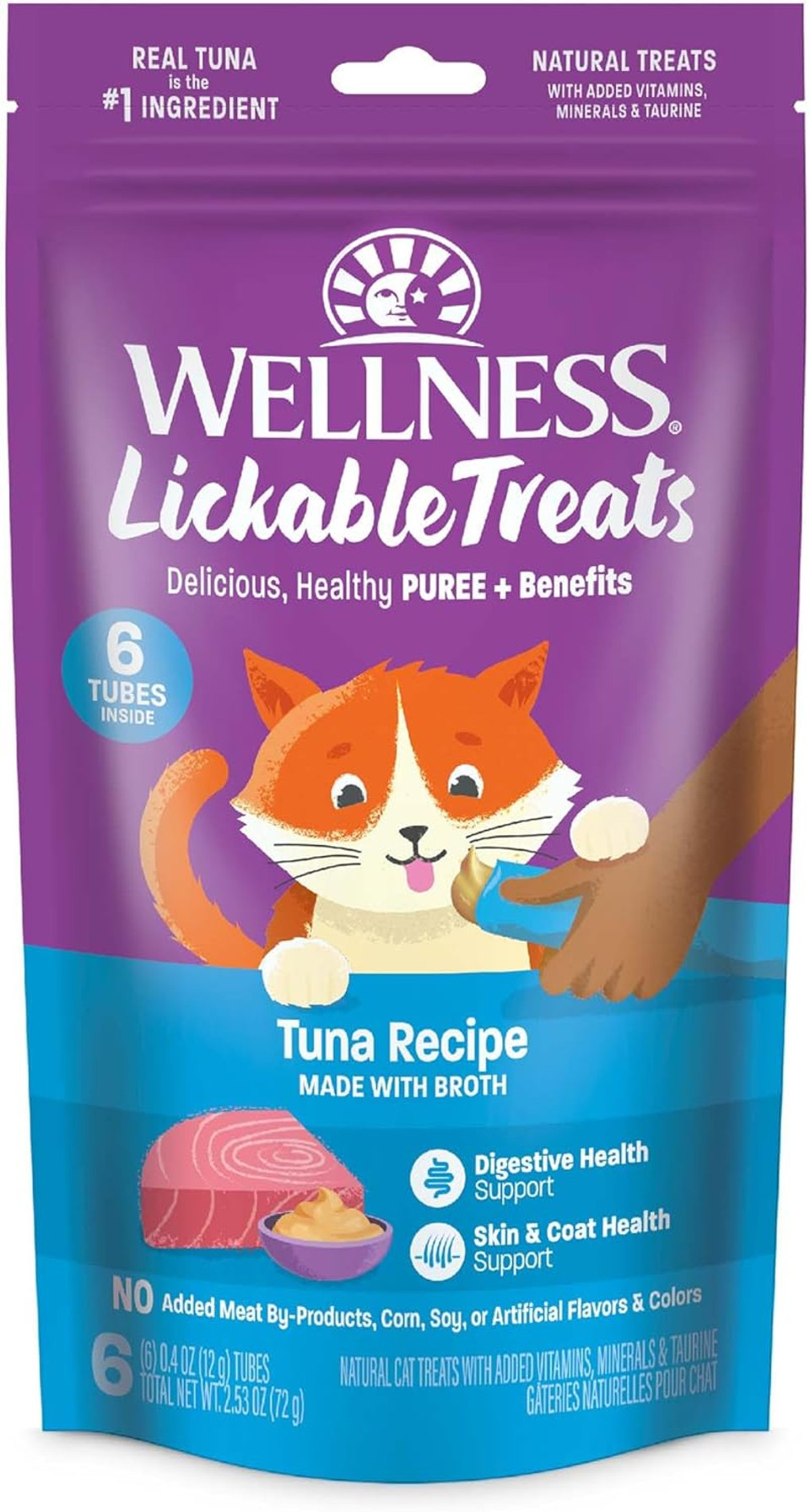 Wellness Lickable Treats Soft Puree Natural Grain Free Adult Cat Treats, Chicken Recipe, Contains 6 - 0.4 Ounce Squeezable Tubes