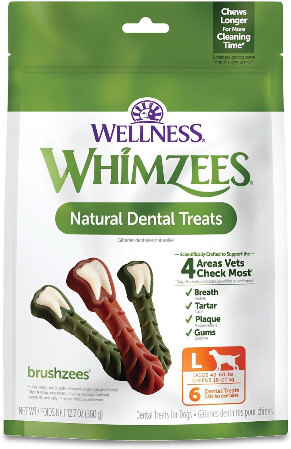 Wellness Whimzees Brushzees Dog Dental Treats, Natural Chews, Large Size Stick, (6 Count)