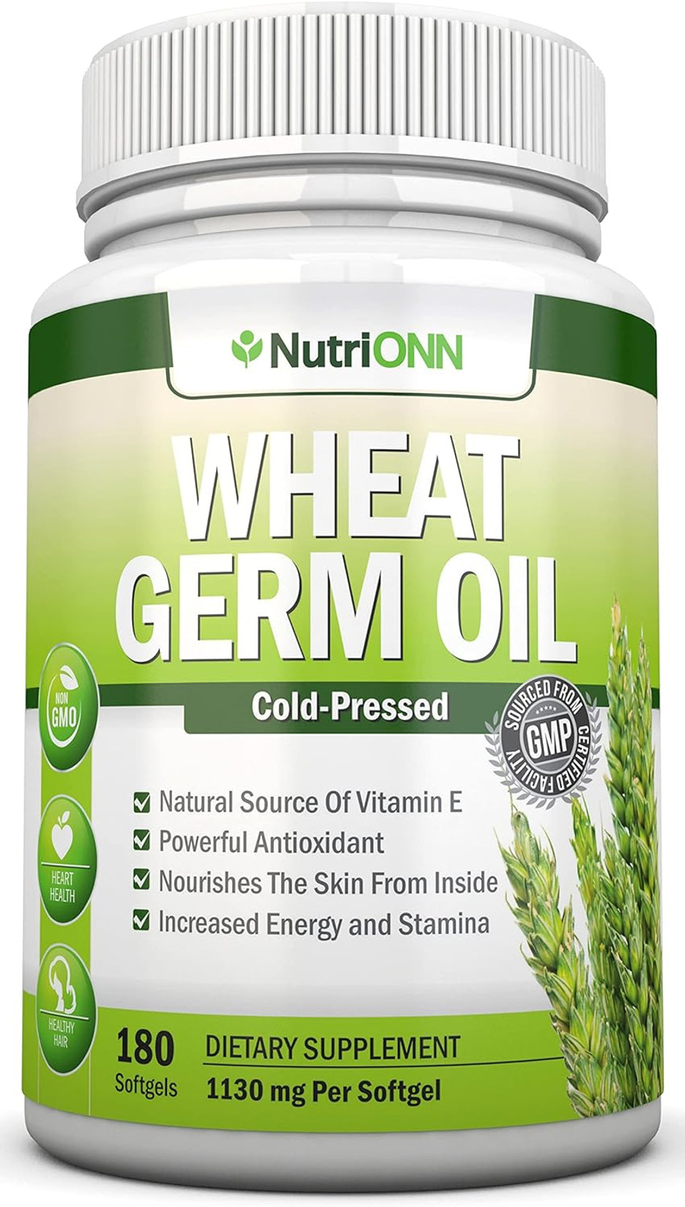 Wheat Germ Oil  1130Mg  180 Softgels  Cold-Pressed & Non Gmo  Natural Source Of Vitamin E  Nourished Skin And Healthy Hair  Heart Health  Powerful Antioxidant  Increased Energy And Stamina