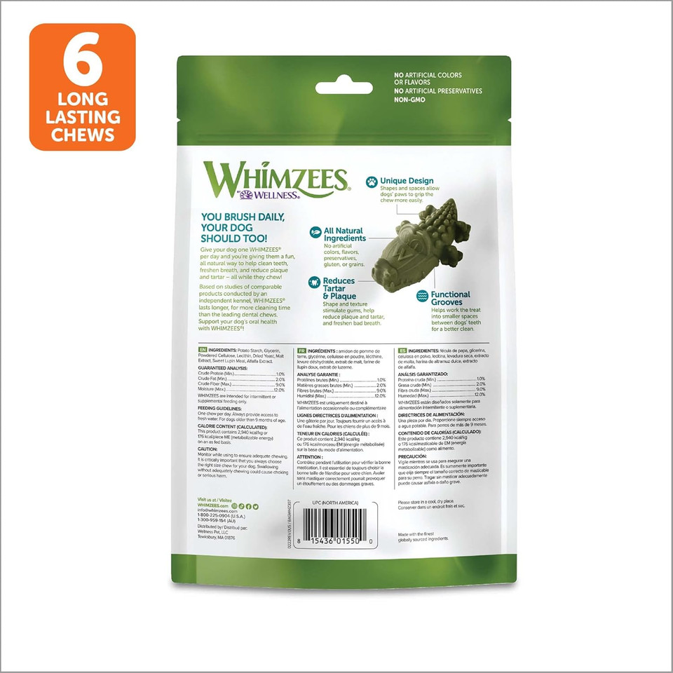Whimzees Wellness Alligator Dog Dental Treats, Natural Chews, Large Size, (6 Count)