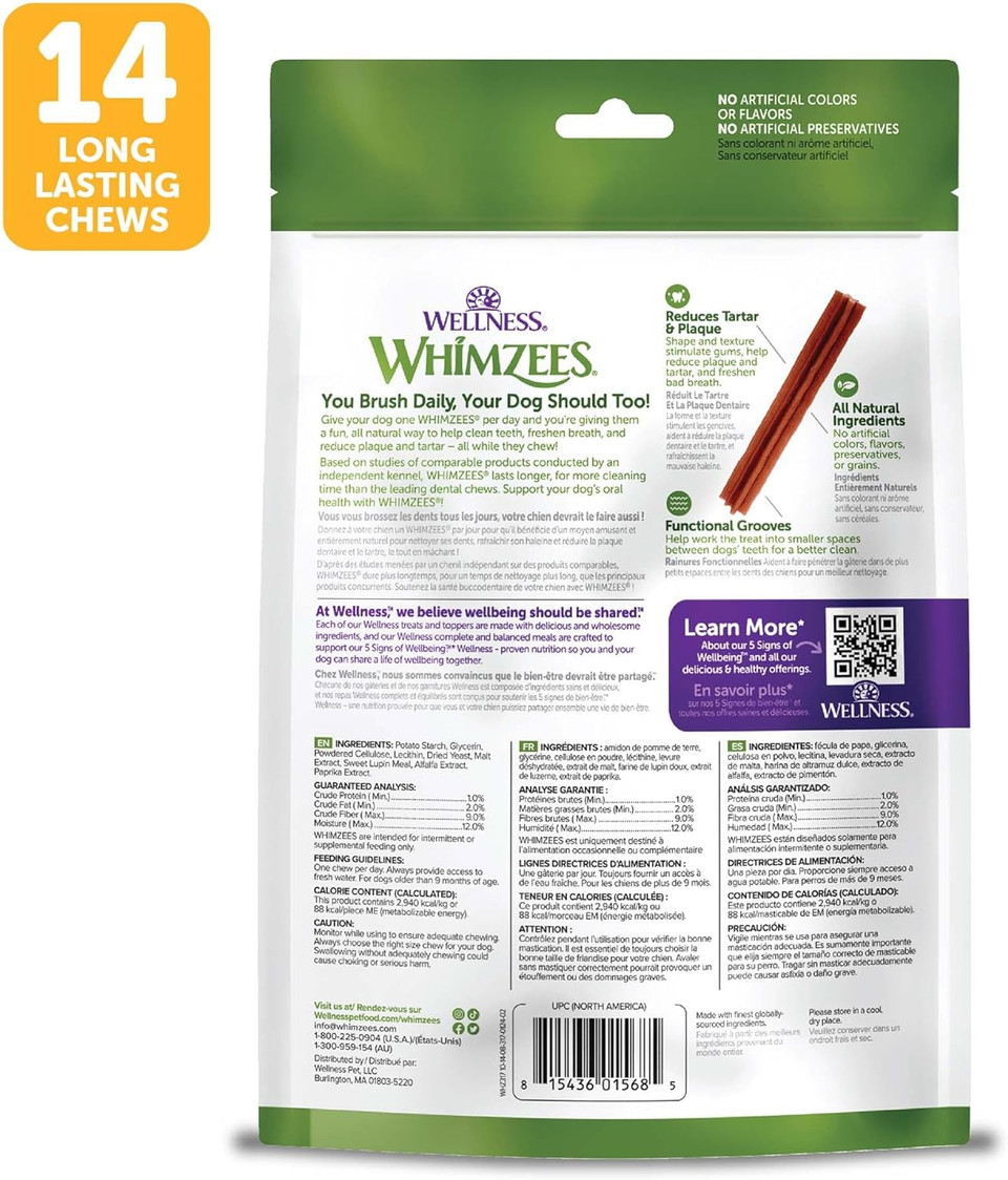 Whimzees Wellness Stix Dog Dental Treats, Natural Chews, Medium Size Stick, (14 Count)