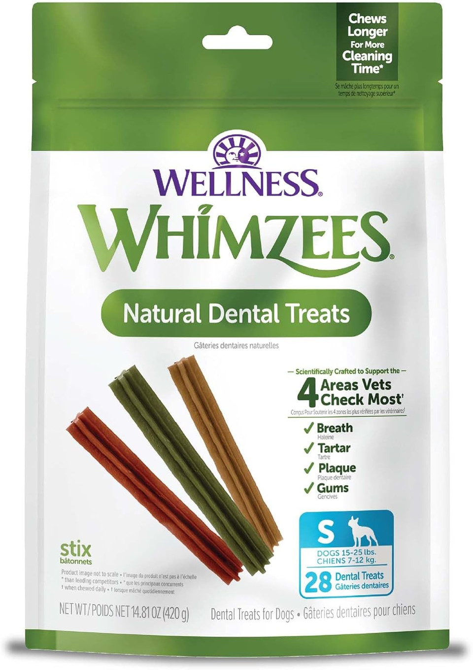 Whimzees Wellness Stix Dog Dental Treats, Natural Chews, Small Size Stick, (28 Count)
