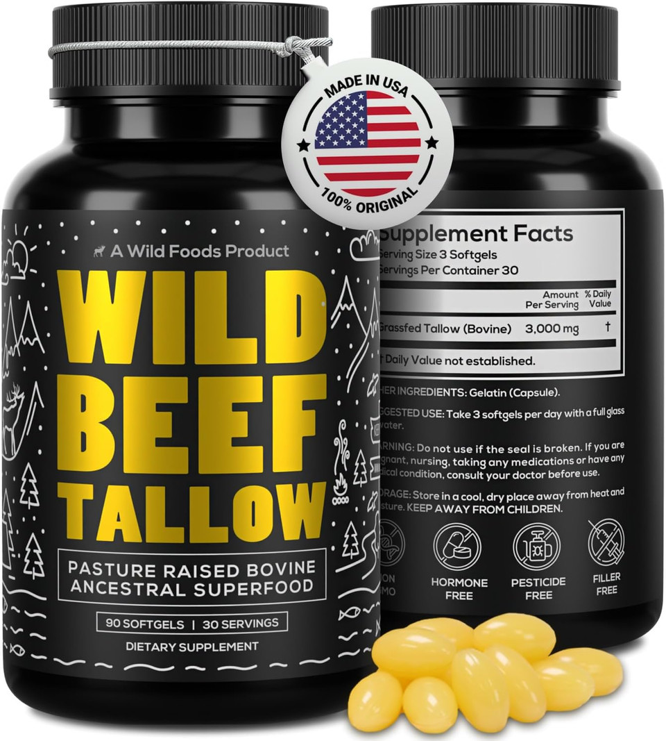 Wild Foods Grass-Fed Beef Tallow Capsules | 3,000Mg Per Serving | Pure Ancestral Nutrition For Skin, Hormones, And Energy | Keto, Paleo & Carnivore Diet Approved | 30-Day Supply