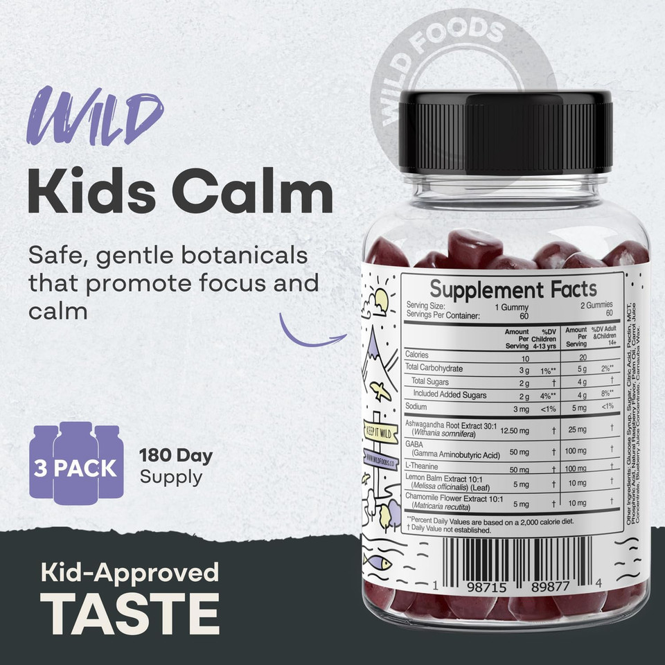 Wild Foods Kids Calm Gummies - Ashwagandha Gummies For Kids W/Gaba, L-Theanine, Lemon Balm & Charmomile - Support Natural Relaxation, Stress Relief & Sleep, For Children 4+, Berry Flavor, 60 Count