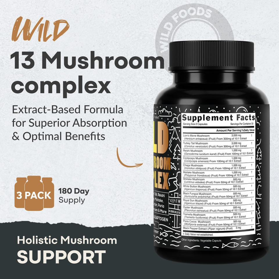 Wild Foods Premium Mushroom Supplement Complex | 10:1 Mushroom Extract 13 Organic Mushrooms: Lions Mane, Turkey Tail, Reishi & More Adaptogenic Mushrooms For Energy, Brain & Immune Health(60 Capsules)