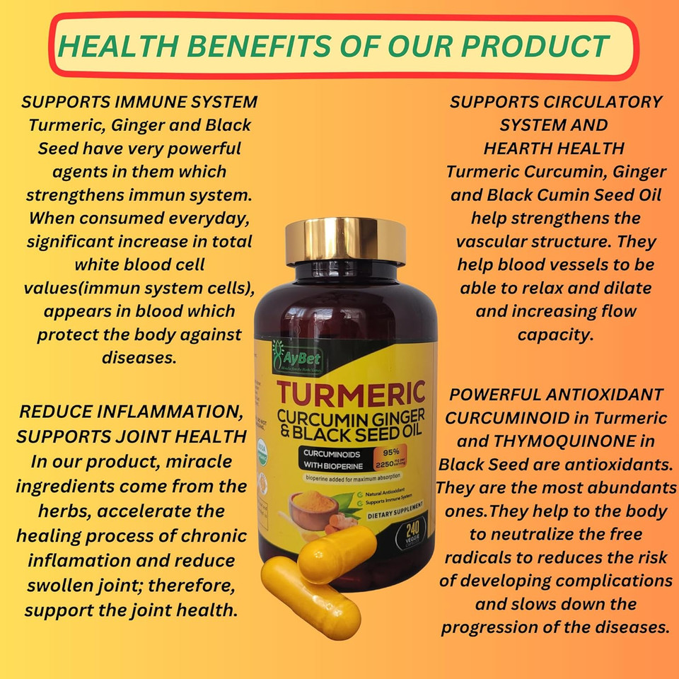 World 1St.Turmeric Curcumin Ginger&Black Seed Oil, 240 Caps, 2250Mg, 95% Curcuminoids, Bioperin Added, Extra Strength, Organic, Halal, Vegan, Support Immune System, Antioxidant, Joint Support