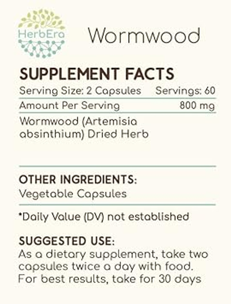 Wormwood 120 Capsules, 400 Mg, Wormwood (Artemisia Absinthium) Dried Herb (120 Capsules)