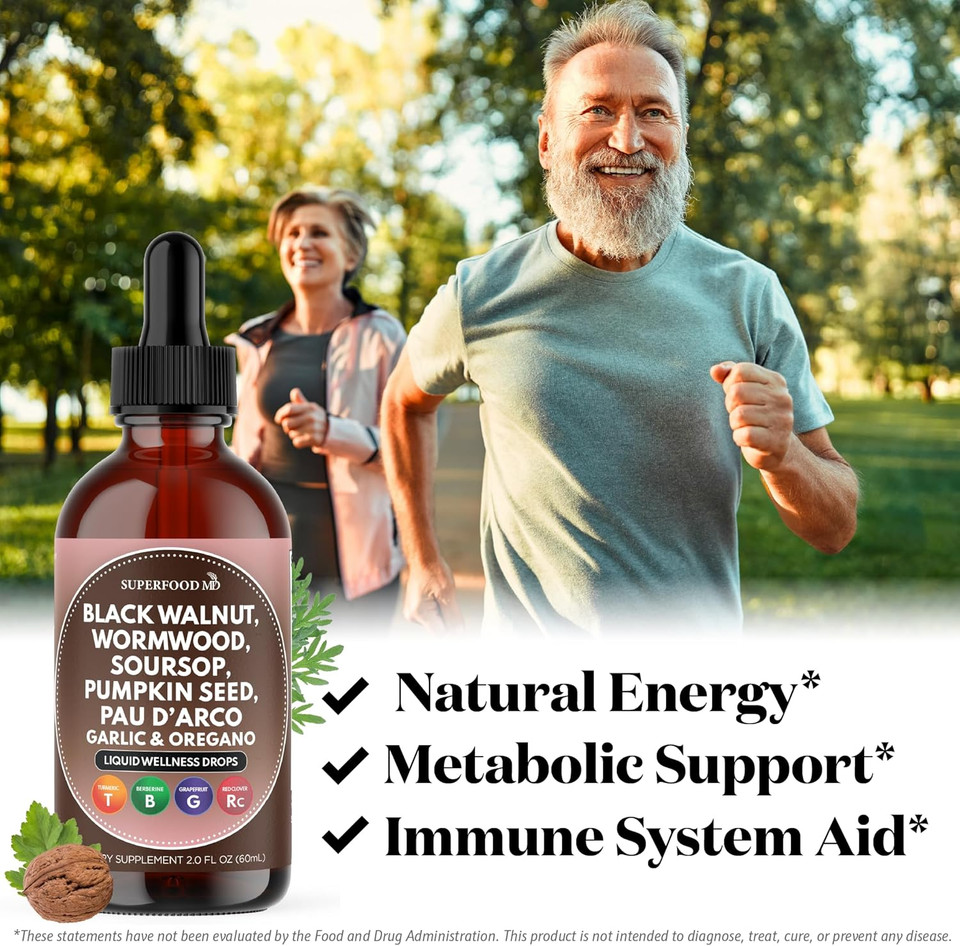 Wormwood Black Walnut Cleanse For Humans Drops Liquid Soursop Garlic Pumpkin Seed Pau D'Arco Oil Of Oregano Turmeric Berberine Neem Extract Hull Bark Tincture - 4 Oz