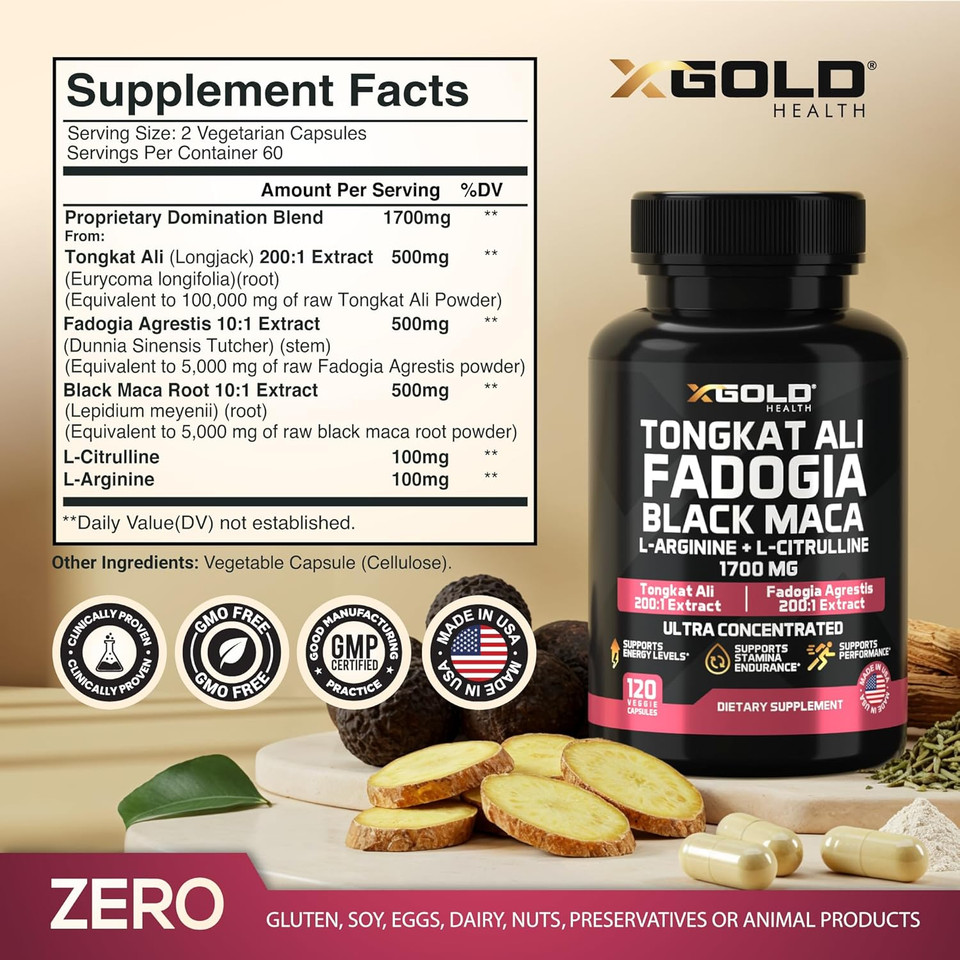 X Gold Health Tongkat Ali, Fadogia Agrestis, Black Maca, L-Arginine & L-Citrulline: Boost Energy, Vitality, Performance, Muscle Recovery & Balance  Premium Wellness Support For Men & Women