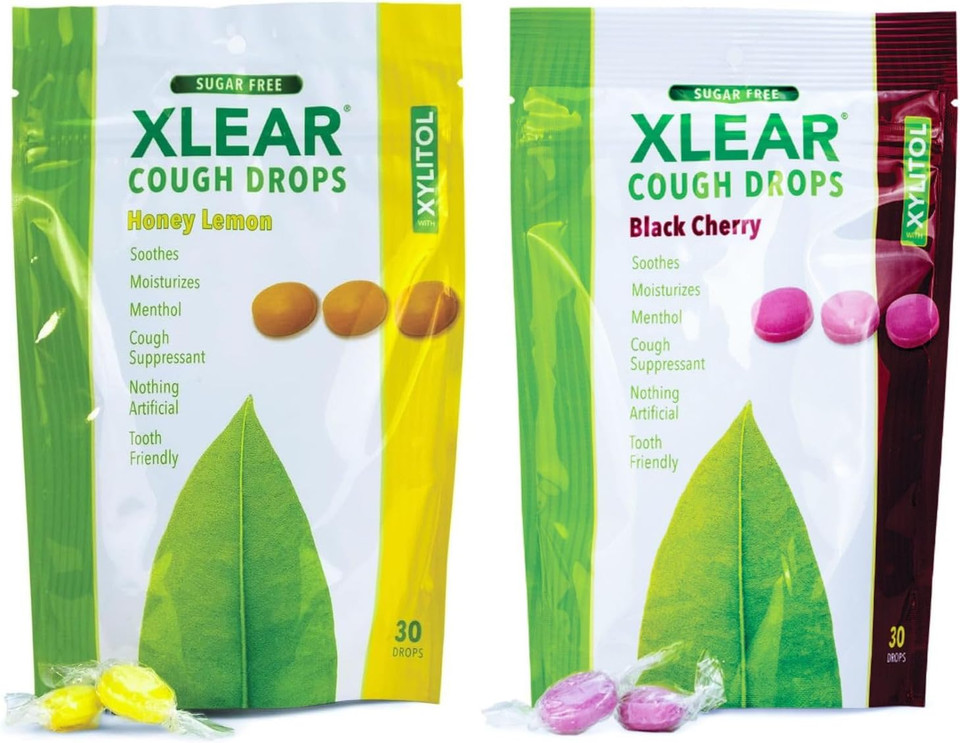 Xlear Xylitol Sugar-Free Cough Drops For Adults And Kids, Sugarless Dry Mouth Lozenges For Sore Throat Relief, Non-Gmo, Gluten-Free, Natural Black Cherry And Honey Lemon, 30 Count Each (Variety Pack)
