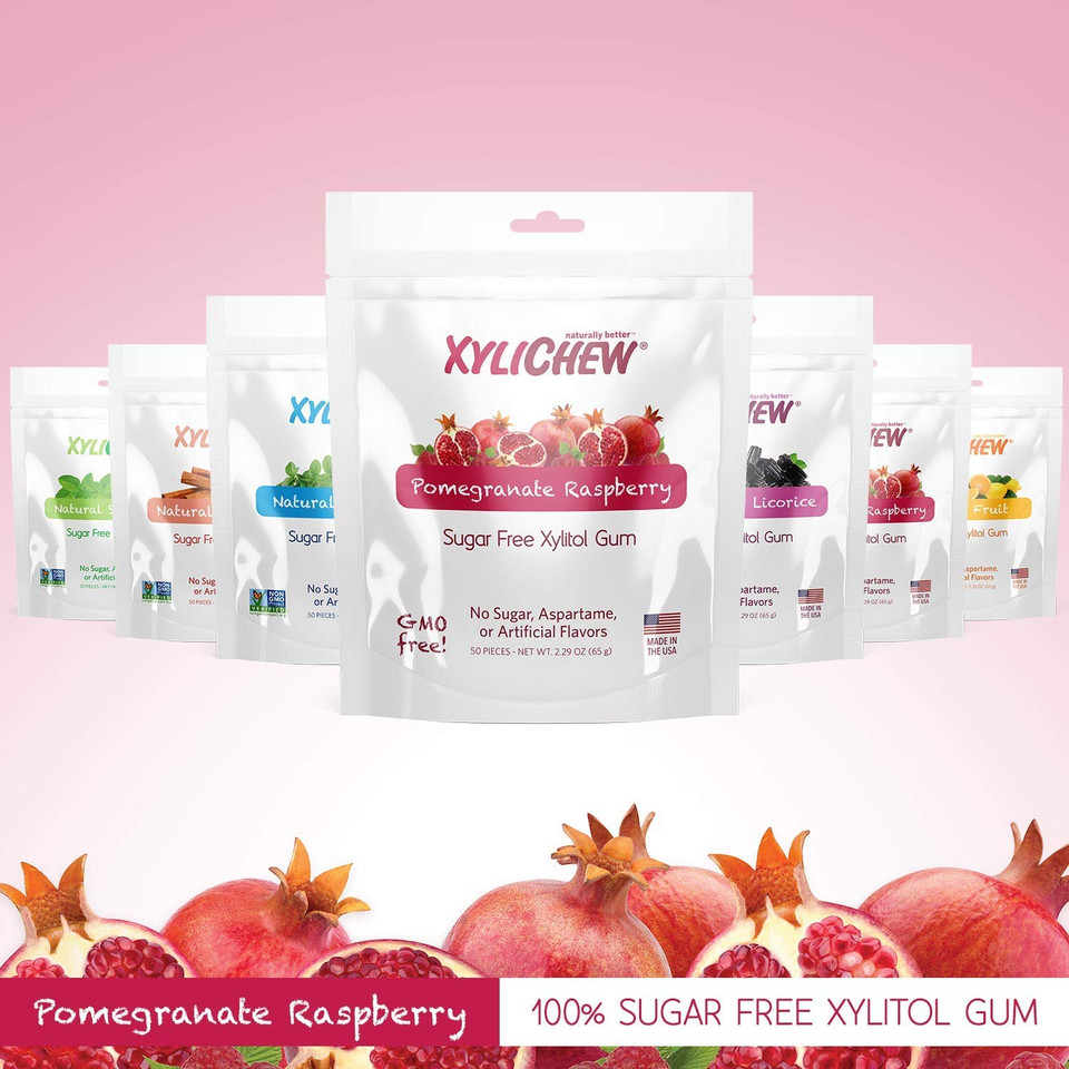 Xylichew 100% Xylitol Chewing Gum - Non Gmo, Non Aspartame, Gluten Free, And Sugar Free Gum - Natural Oral Care, Relieves Bad Breath And Dry Mouth - Pomegranate Raspberry, 240 Count