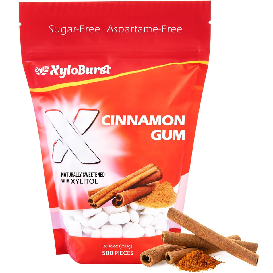 Xyloburst 100% Xylitol Gum, Cinnamon Gum, 500 Count Jar, Natural Chewing Gum, Non Gmo, Vegan, Aspartame Free, Sugar Free