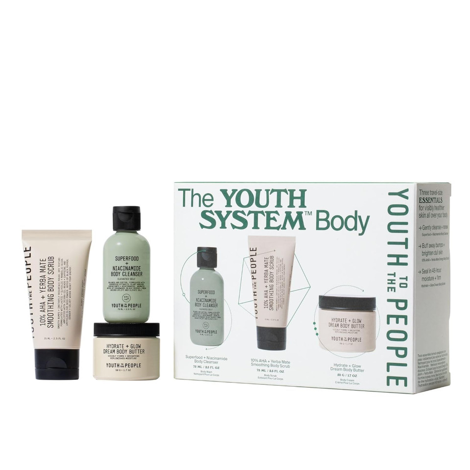 Youth To The People The Youth System Body Care Set, 3-Pc Travel Giftset For Glowing Skin All Over, With Superfood + Niacinamide Cleanser, Smoothing Exfoliant Scrub, And Ultra-Luxe Body Butter