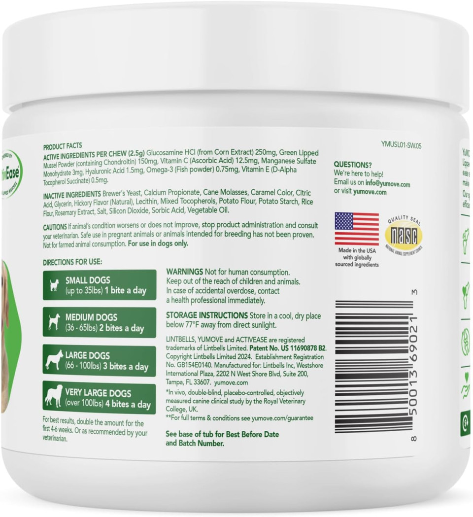 Yumove Dog Joint Supplement, Hip And Joint Supplement For Dogs With Glucosamine Chondroitin, Hyaluronic Acid, Green Lipped Mussel And Omega 3, Dog Hip And Joint Aches And Stiffness (300 Tasty Bites)