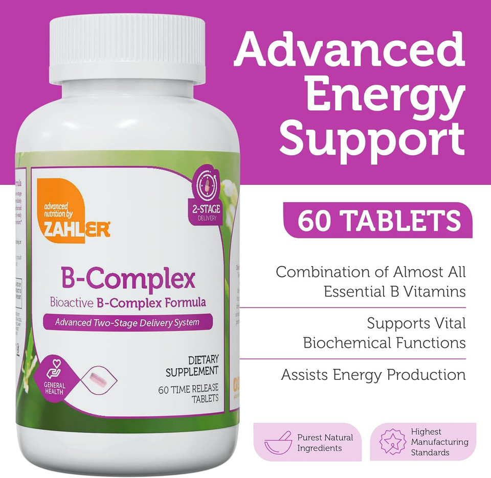 Zahler B-Complex Vitamins For Women & Men - Vitamin B Complex - B Vitamins Complex With B1 B2 B3 B5 B6 B7 B9 B12 - Advanced 2-Stage Delivery System - Gluten Free Kosher Non-Gmo Vit B (120 Tablets)