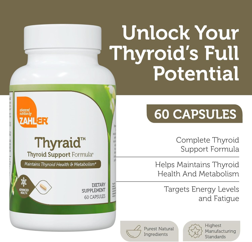 Zahler Thyraid - Thyroid Support Complex With Iodine, Zinc, L-Tyrosine, Ashwagandha, Forskholii - Pure Thyroid Support For Women And Men - Kosher Gluten Free Non-Gmo Thyroid Supplement (60 Capsules)