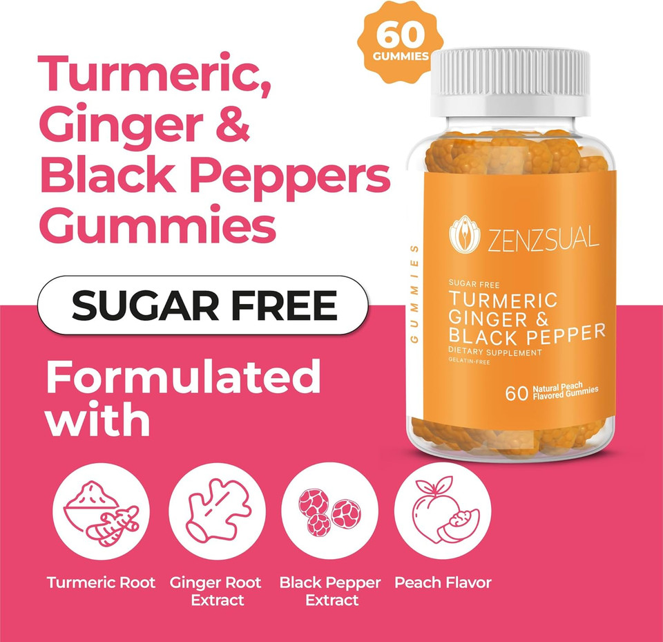 Zenzsual Turmeric, Ginger, And Black Pepper Gummies - Sugar Free Dietary Supplement - Immune Support, Healthy Skin, Joint Health, Combat Swelling Naturally (60 Natural Peach Flavored Gummies)