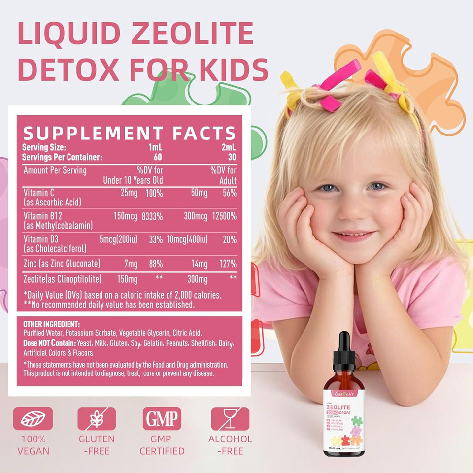Zeolite Detox For Kids & Adults, 300 Mg Zeolite Clinoptilolite Liquid With Vitamin B12 & D3, Vitamin C & Zinc Gluconate, Immune Support & Gut Health, Natural Strawberry Flavor, 2 Fl Oz
