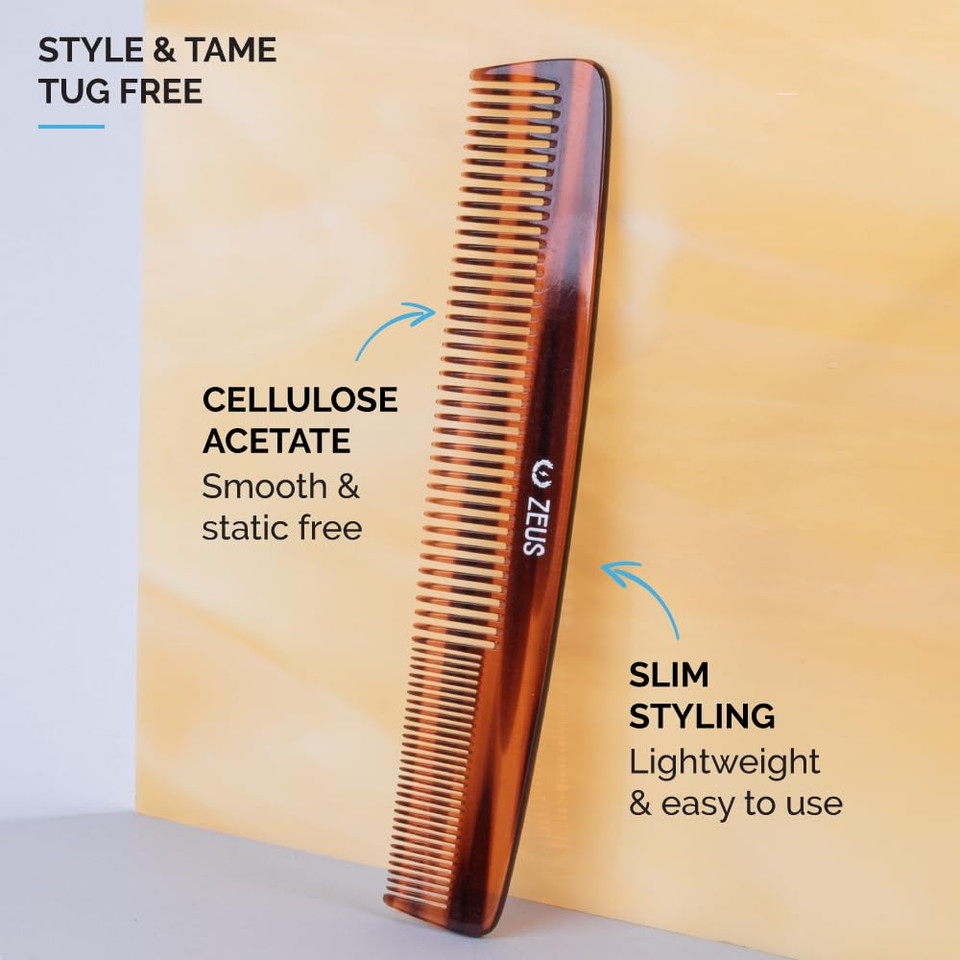 Zeus Large 7.5 Beard & Mustache Comb, 2-In-1 Handmade Saw-Cut Mustache & Beard Comb (Tortoiseshell) C12