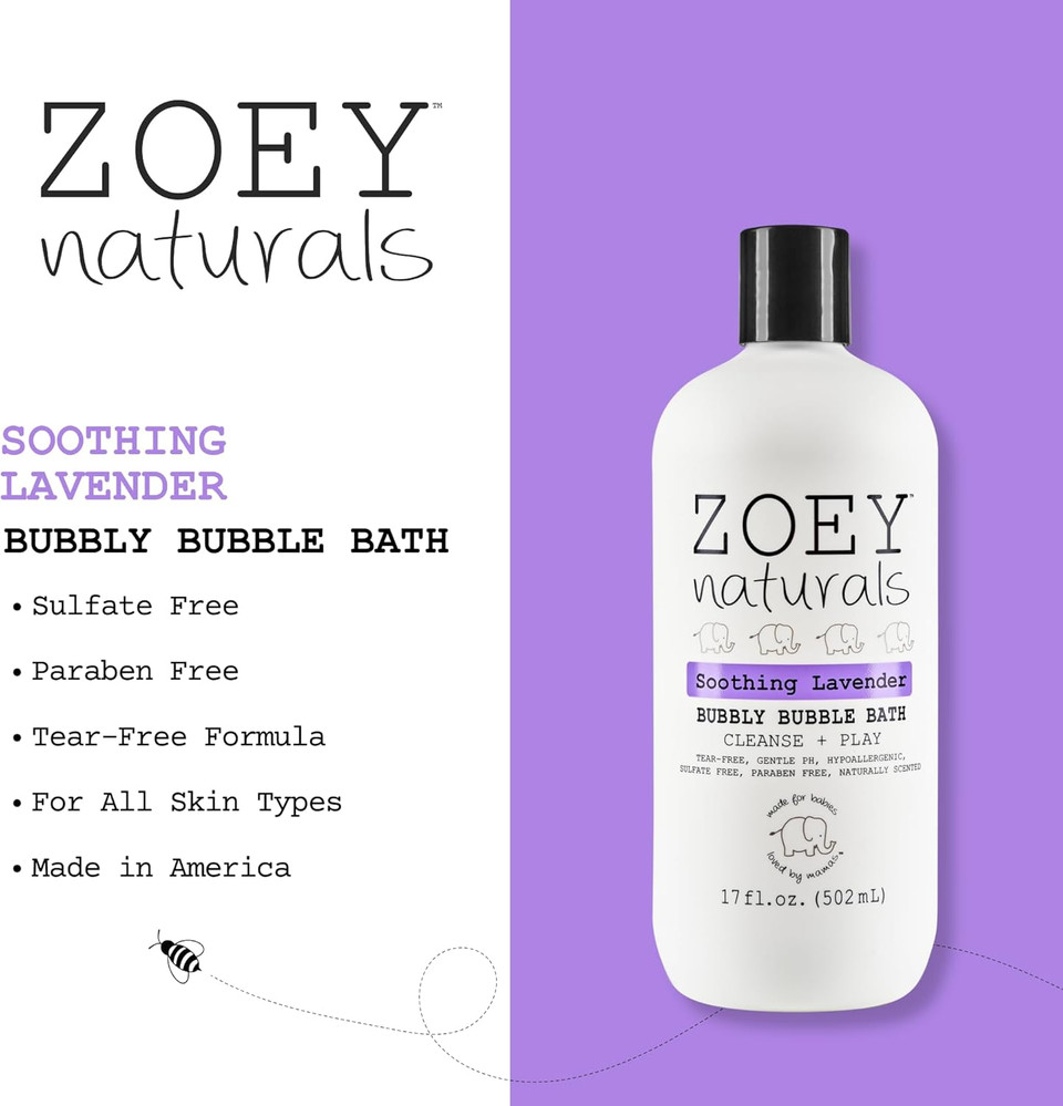 Zoey Naturals - Soothing Lavender Bubble Bath For Kids & Babies, Tear-Free Moisturizing Toddler Soap With Aloe & Avocado Oil For Calm Experience - Made In Usa, 17 Oz