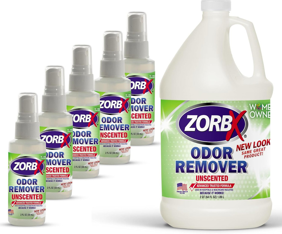 Zorbx Bundle Of Odor Remover Sprays And Refill Solution - Perfect Solution For Funky And Foul Smells - All-Purpose Deodorizer Bundle - Includes 5 Odor Remover Sprays (2 Oz) & Refill Solution (1/2 Gal)