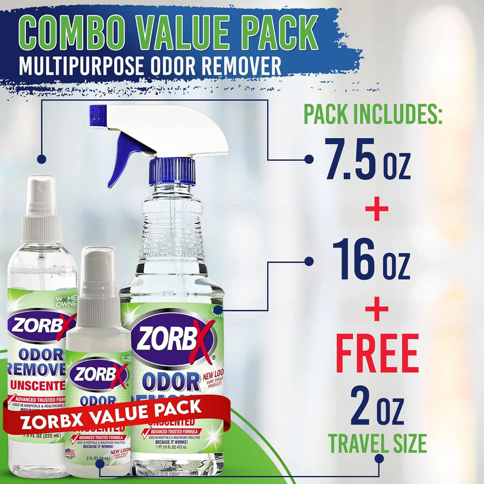 Zorbx Odor Remover Bundle  Includes 16 Oz Fast-Acting Odor Remover Spray, 7.5 Oz Compact-Sized Odor Remover Spray, 2 Oz Travel-Friendly Odor Remover Spray, & 24 Oz M&M Stain And Odor Remover Spray