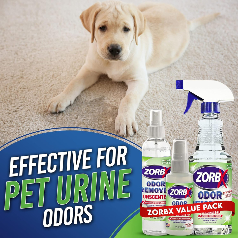 Zorbx Odor Remover Bundle  Includes 16 Oz Fast-Acting Odor Remover Spray, 7.5 Oz Compact-Sized Odor Remover Spray, 2 Oz Travel-Friendly Odor Remover Spray, & 24 Oz M&M Stain And Odor Remover Spray