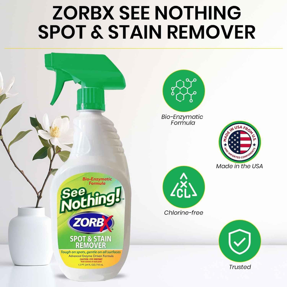 Zorbx See Nothing Spot & Stain Remover Spray (24 Oz.) - All Purpose Cleaner For Shoes, Clothes, Furniture & Pet Bedding - Fast-Acting Scrub-Free Odor & Enzyme Stain Remover For Ink, Blood & Urine