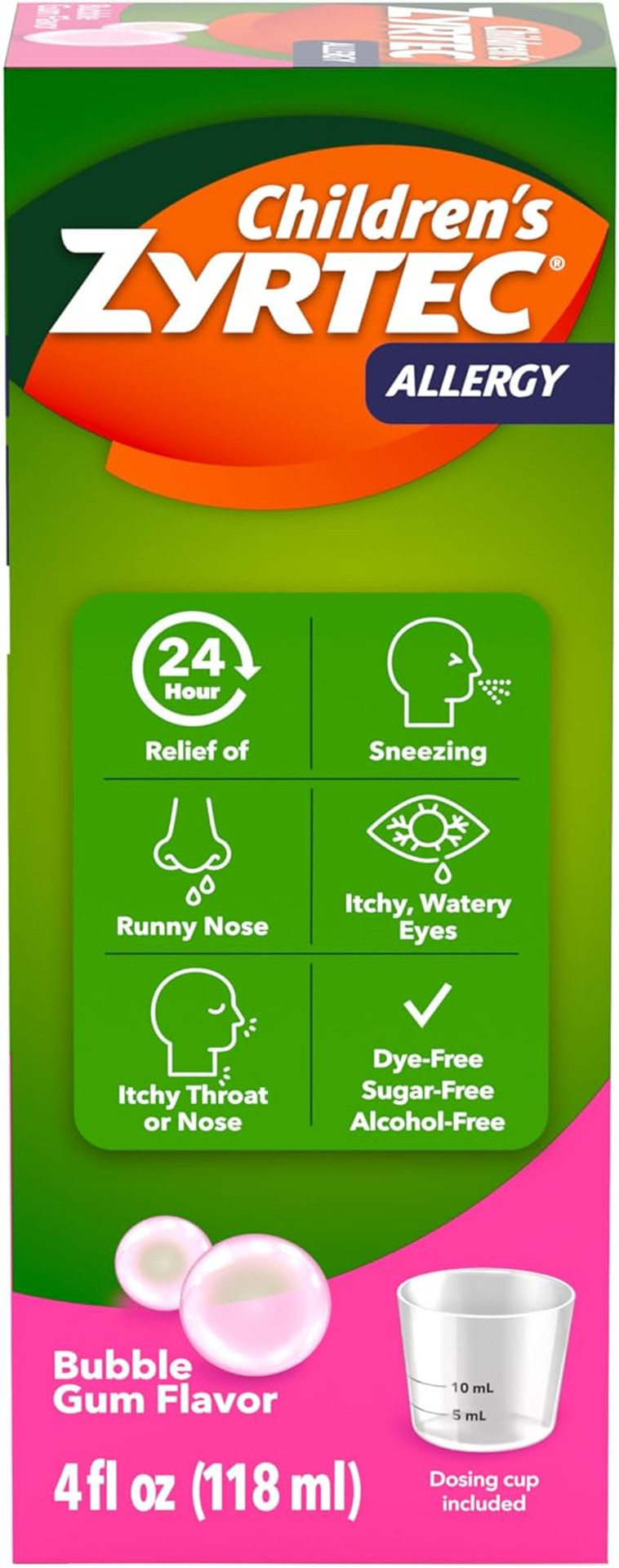 Zyrtec Children'S 24 Hour Allergy Relief Syrup, Cetirizine Hydrochloride Antihistamine, Allergy Medicine For Indoor & Outdoor Allergy Relief, Dye- & Sugar-Free, Bubble Gum, 4 Fl. Oz