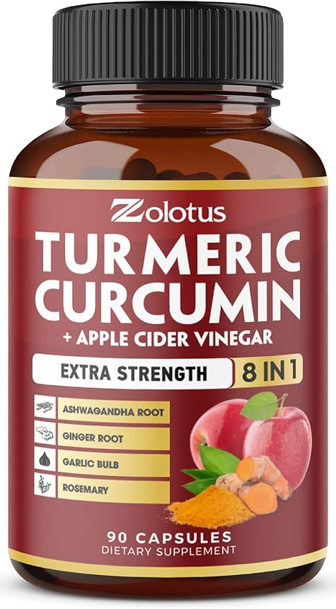 8 in 1 Turmeric Curcumin + Apple Cider Vinegar Capsules, 3 Month Supply with Ashwagandha, Ginger, Garlic Bulb, 95% Standardized Curcuminoids, Joint & Absorption Support
