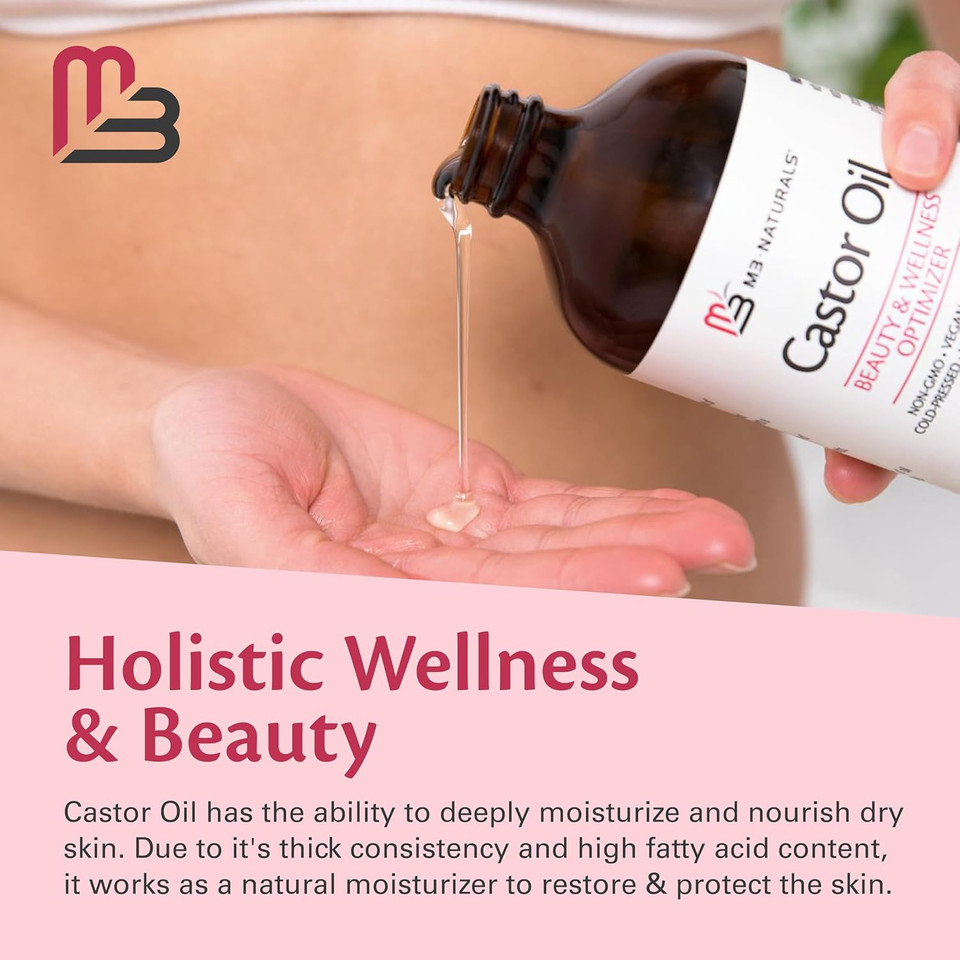 100% Pure Organic Castor Oil for Hair, Lash and Eyebrow Growth, Lymphatic Drainage, Stomach Discomfort and Skin Hydration |