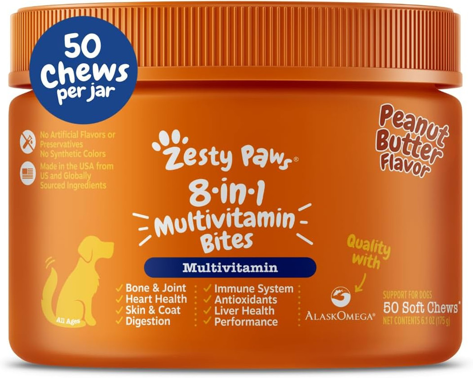 Zesty Paws Multivitamin Treats for Dogs, Glucosamine Chondroitin Joint Support + Digestive Enzymes & Probiotics, Grain Free Dog Vitamins and Supplements for Skin & Coat