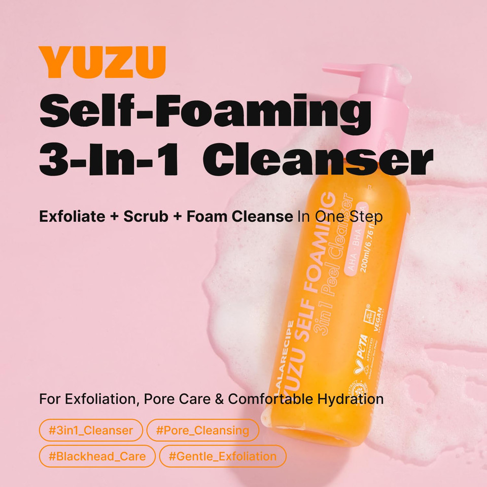 LALARECIPE Yuzu Self-Foaming 3-in-1 Facial Cleanser – Korean Daily Face Wash with AHA BHA PHA for Gentle Exfoliation and Pore Care – Hydrating Cleanser for Dry and Sensitive Skin