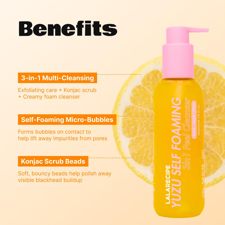 LALARECIPE Yuzu Self-Foaming 3-in-1 Facial Cleanser – Korean Daily Face Wash with AHA BHA PHA for Gentle Exfoliation and Pore Care – Hydrating Cleanser for Dry and Sensitive Skin