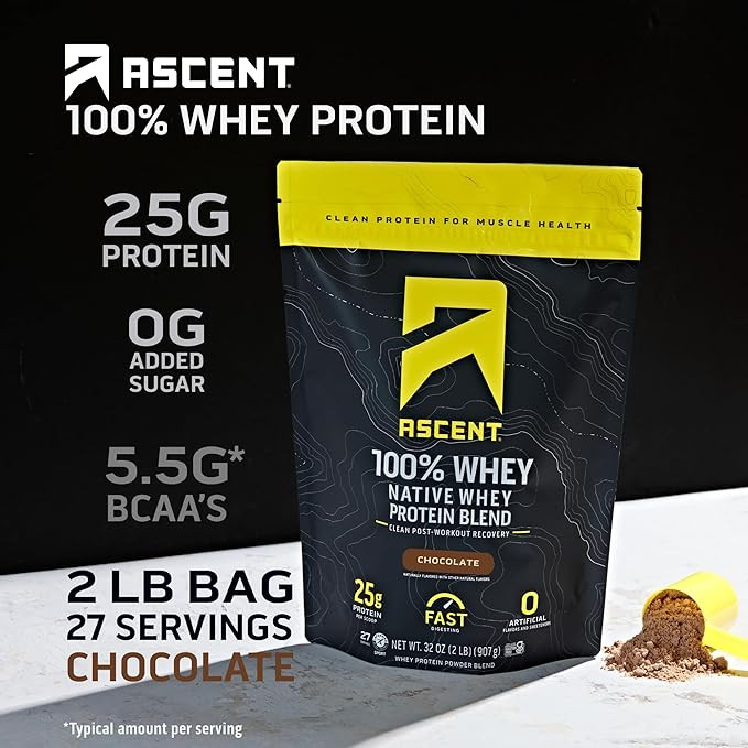 Ascent 100% Whey Protein Powder - Post Workout Whey Protein Isolate, Zero Artificial Flavors & Sweeteners, Gluten Free