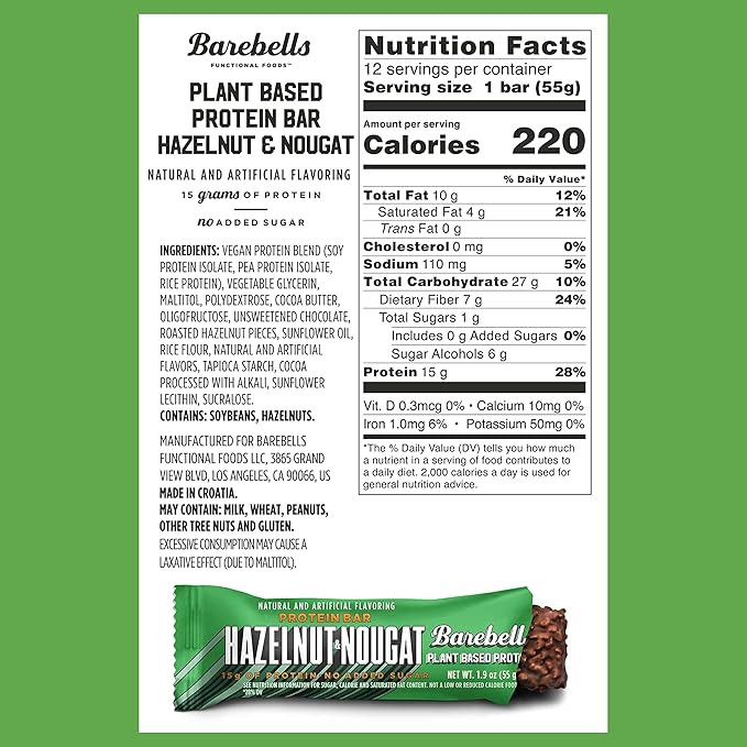 Barebells Vegan Protein Bars Hazelnut & Nougat - 12 Count, 1.9oz Bars - Features Plant Based Protein Bar with 15g of Protein - Chocolate Protein Snacks with Only 1g of Total Sugars - Ideal for
