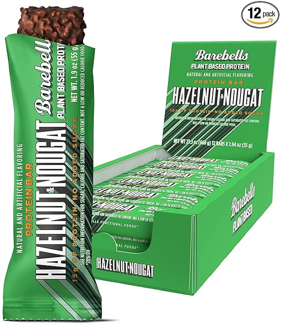 Barebells Vegan Protein Bars Hazelnut & Nougat - 12 Count, 1.9oz Bars - Features Plant Based Protein Bar with 15g of Protein - Chocolate Protein Snacks with Only 1g of Total Sugars - Ideal for
