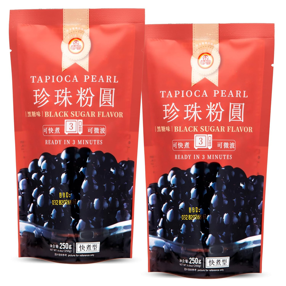 WuFuYuan Boba Tapioca Pearls, Black Sugar Flavor, Quick Cook Bubble Tea Boba, Microwave Ready in 3 Minutes, 8.8 oz