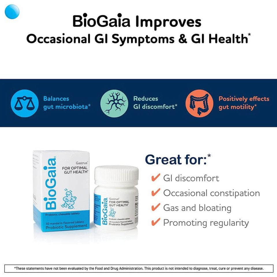 BioGaia Gastrus Chewable Tablets, Adult Probiotic Supplement for Stomach Discomfort, Constipation, Gas, Bloating, Regularity, Non-GMO
