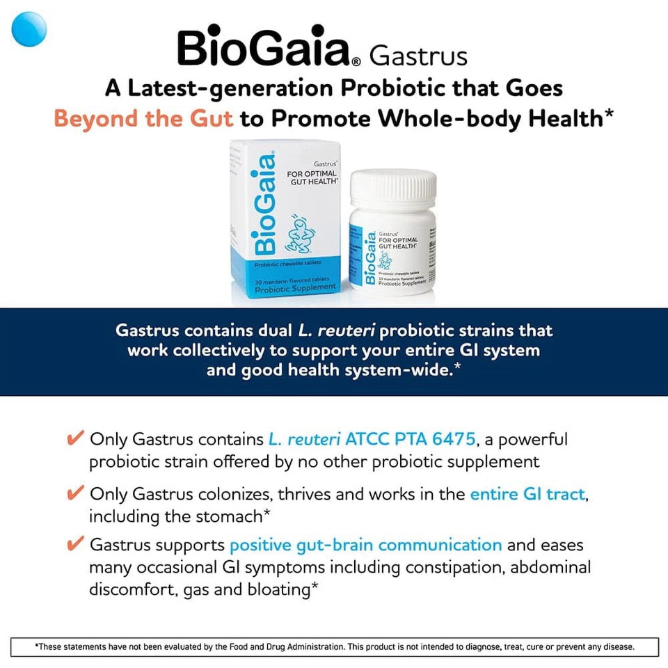 BioGaia Gastrus Chewable Tablets, Adult Probiotic Supplement for Stomach Discomfort, Constipation, Gas, Bloating, Regularity, Non-GMO