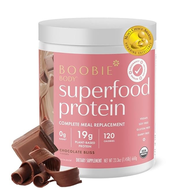 Boobie Body Superfood Protein Shake for Moms, Pregnancy Protein Powder, Lactation Support to Increase Milk Supply, Probiotics, Organic, Diary-Free, Gluten-Free, Vegan - Chocolate Bliss