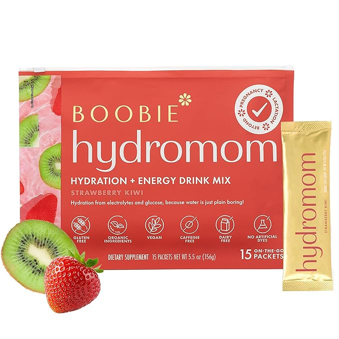 Boobie Hydromom Superfood Electrolyte Drink Mix, Strawberry Kiwi | Refreshing Energy & Hydration Boost for Mamas | On-The-Go & Travel Essentials for Pregnancy, Lactation