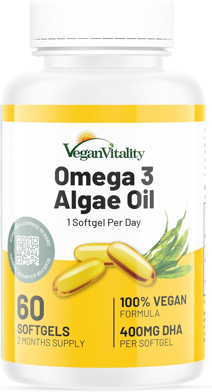 Vegan Vitality Vegan Omega 3 Supplement - 60 Plant Based Algae Oil Soft Gels Essential Fatty Acids with Vegan DHA for Joint, Heart & Immune Support Without EPA